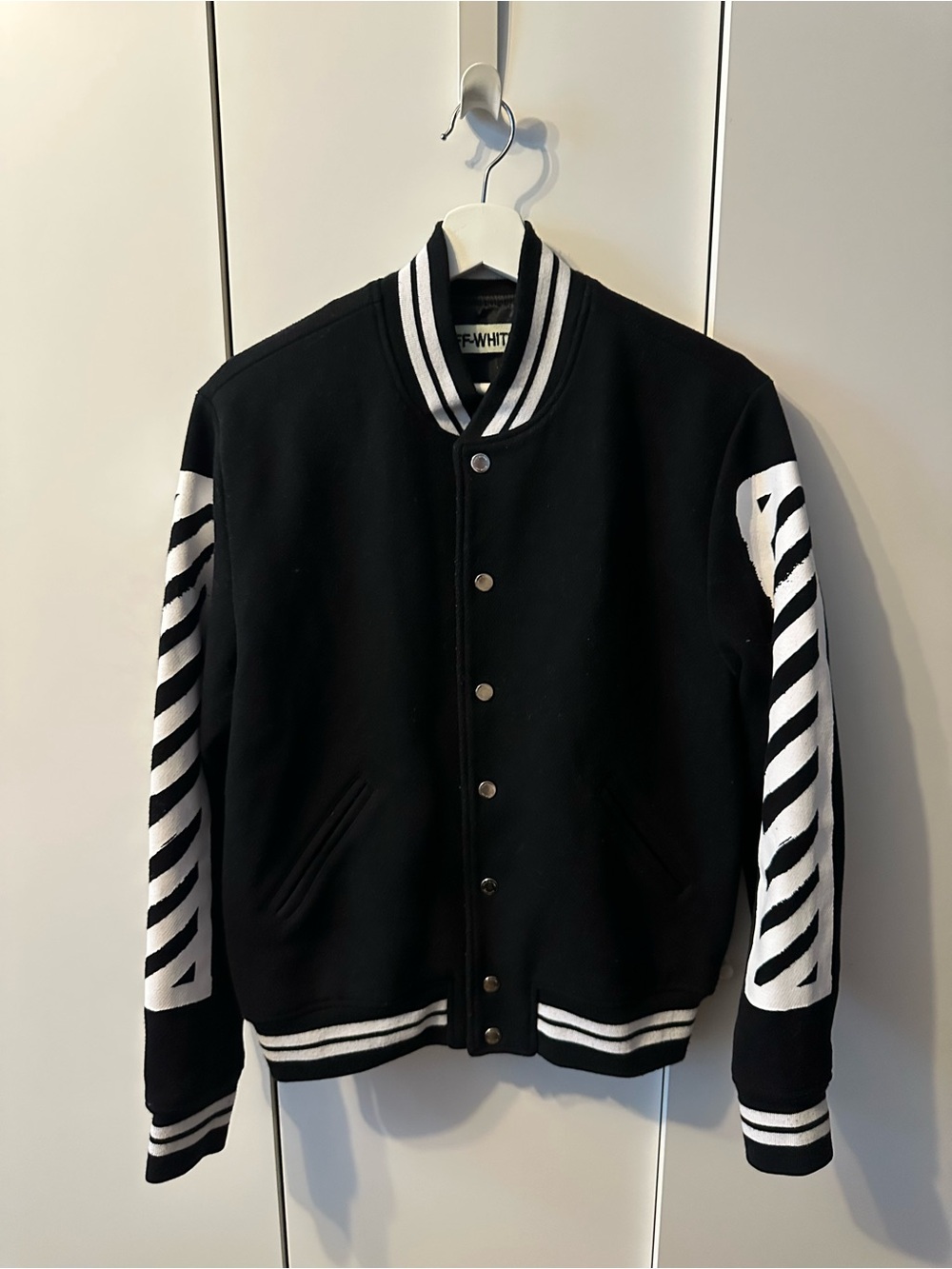 Off-White Black & White Striped Sleeve Varsity Jacket